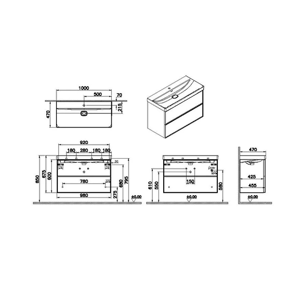 Washbasin unit, 100 cm plan